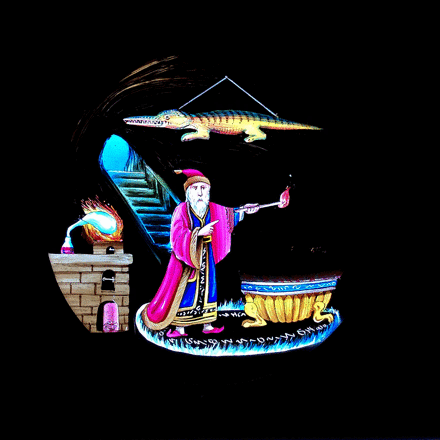 Animiertes Laternenbild in leuchtenden Farben: Ein Mann in Zauberergewand entzündet mit dem mit einem Schwung seines Stabes ein Feuer.