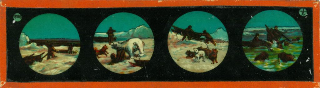 Laternenbilder für eine Laterna Magica im Holzrahmen: Vier auf Glas gemalte Motive einer Eisbärenjagd.