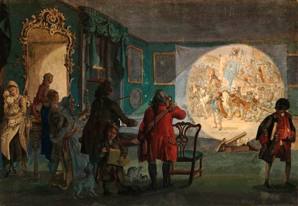Historisches Gemälde einer Vorführung mit der Zauberlaterne. Eine Gruppe Männner und Frauen betrachten das auf ein Tuch projiziertes Bild.