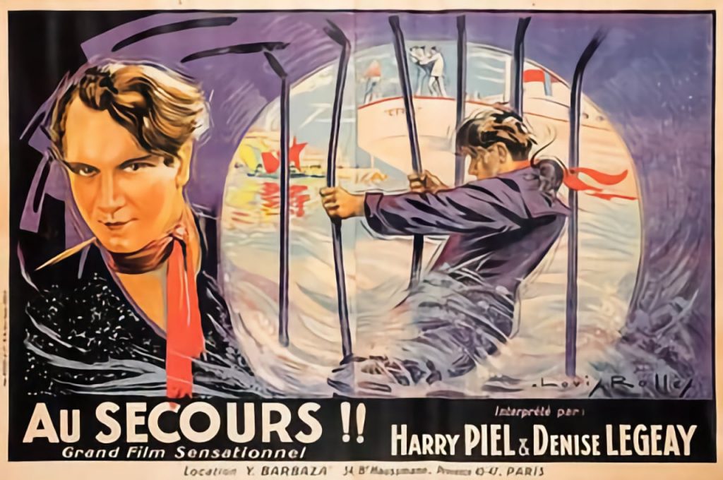 Französisches Filmplakat "Au Secours!! Grand Film Sensationnel, Interpreté per Harry Piel & Denise Legeay"